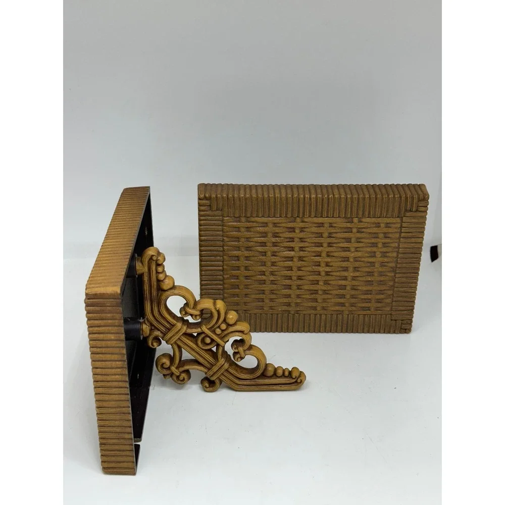 VTG Dart Shelves Brown Wicker Faux Rattan Scroll Bracket Wall Decor Set of 2